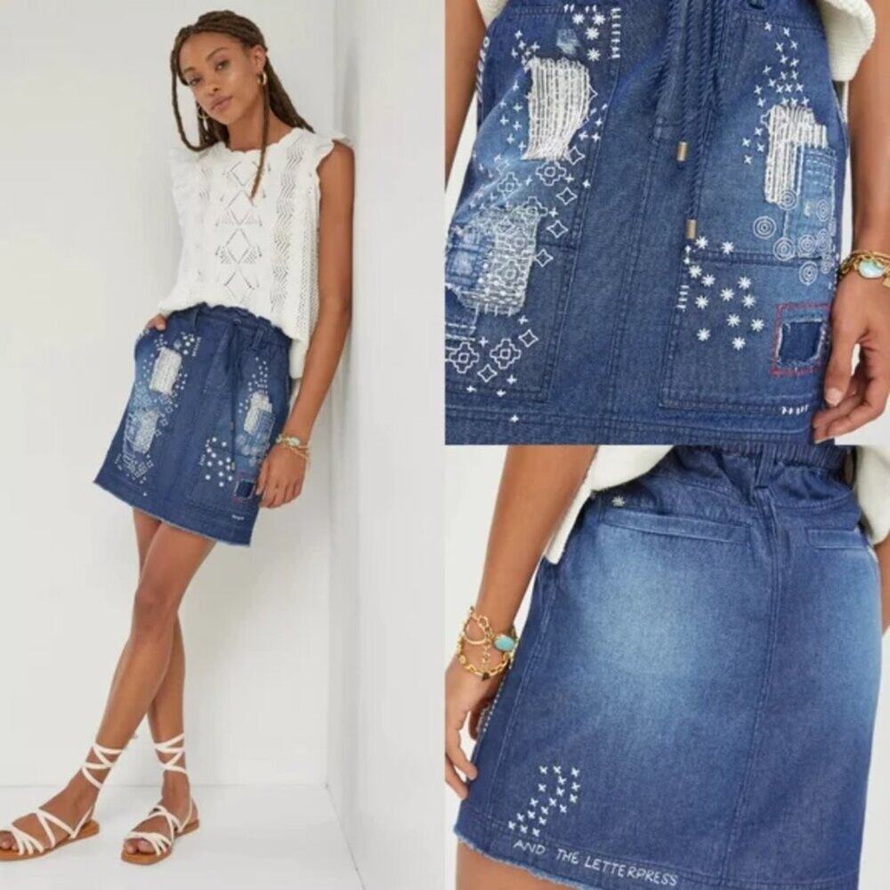 Pilcro Indigo Denim Mini Skirt with White Embroidered Motifs
